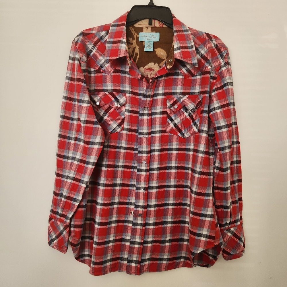 Tasha Polizzi Womens XL Long Sleeve Red Plaid Shirt Western Cowgirl Pearl Snap